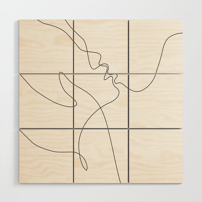 Line art drawing - minimalist kiss. Wood Wall Art