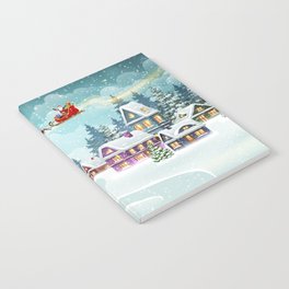 Santa and Reindeer on Christmas Background. Winter Christmas scene with snow covered houses and pine forest. Holiday vintage Background Notebook