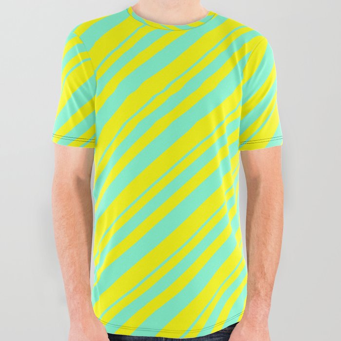 Aquamarine and Yellow Colored Lined/Striped Pattern All Over Graphic Tee