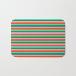 [ Thumbnail: Turquoise, Forest Green, Plum & Red Colored Striped/Lined Pattern Bath Mat ]