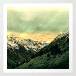 Mountain Stardust with Ray of Light Green Orange Art Print
