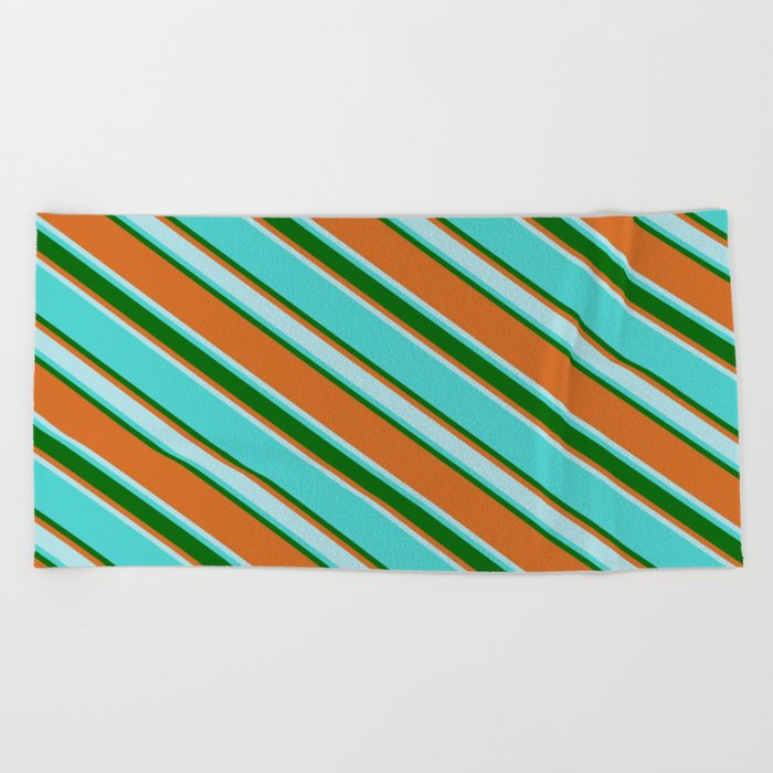 Turquoise, Dark Green, Chocolate & Powder Blue Colored Lines Pattern Beach Towel