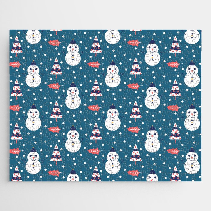 Christmas Pattern White Blue Snowman Leaf Jigsaw Puzzle