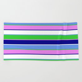 [ Thumbnail: Cornflower Blue, Lime Green, Violet, Dark Blue & White Colored Stripes/Lines Pattern Beach Towel ]