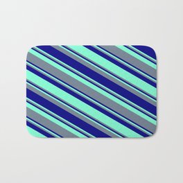 [ Thumbnail: Aquamarine, Slate Gray, and Blue Colored Pattern of Stripes Bath Mat ]
