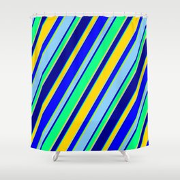 [ Thumbnail: Eyecatching Blue, Green, Yellow, Light Sky Blue & Dark Blue Colored Lines/Stripes Pattern Shower Curtain ]