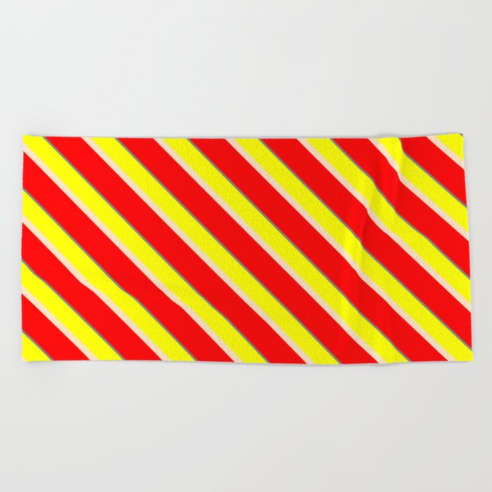 Yellow, Bisque, Red & Gray Colored Striped/Lined Pattern Beach Towel