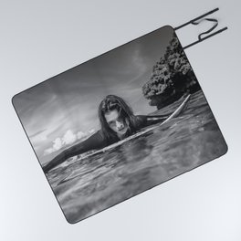 Surfer girl; portrait of young sportswoman in wetsuit on surfing board in ocean at Nusa dua Beach, Bali, Indonesia black and white photograph - photography - photographs by Yuliya Kirayonak  Picnic Blanket