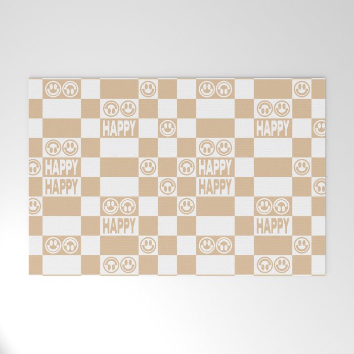 HAPPY Checkerboard (Neutral Beige Color) Welcome Mat