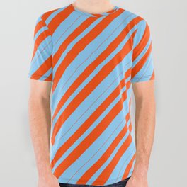 [ Thumbnail: Light Sky Blue and Red Colored Stripes/Lines Pattern All Over Graphic Tee ]