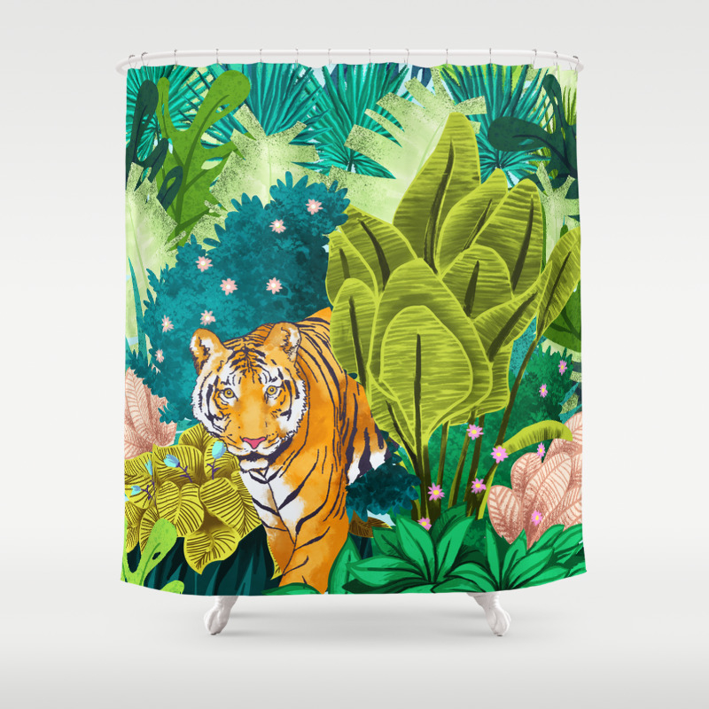 Tiger In Rainforest Bathroom Polyester Fabric Shower Curtain Set 71Inches Long