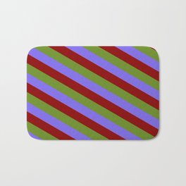 [ Thumbnail: Medium Slate Blue, Dark Red, and Green Colored Pattern of Stripes Bath Mat ]