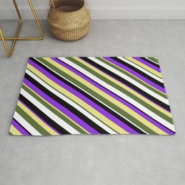 [ Thumbnail: Vibrant Purple, Tan, Dark Olive Green, White & Black Colored Lined/Striped Pattern Rug ]