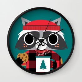 Raccoon in Red Buffalo Plaid Sweater Wall Clock | Red, Raccoon, Vector, Graphicdesign, Lumberjack, Sweater, Holiday, Cozy, Plaid, Digital 