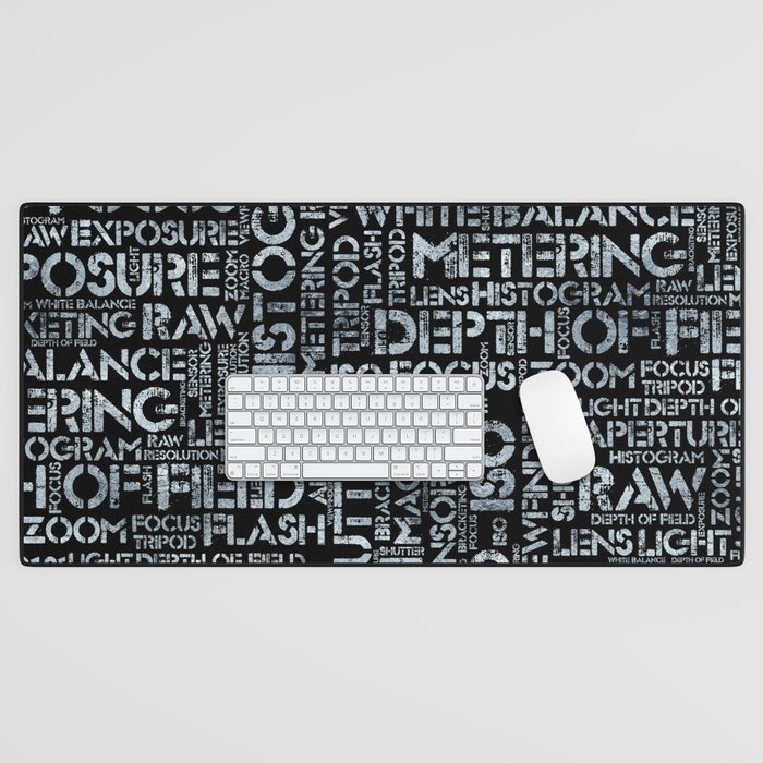 Photography Terms Word Pattern Glass on Black Desk Mat