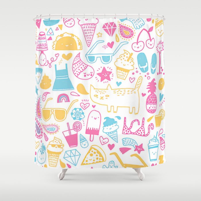 Pink Blue and Yellow Summer Girly Elements Shower Curtain