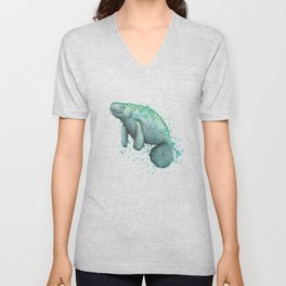 "Mossy Manatee" by Amber Marine ~ Watercolor & Ink Painting, (Copyright 2016) V Neck T Shirt