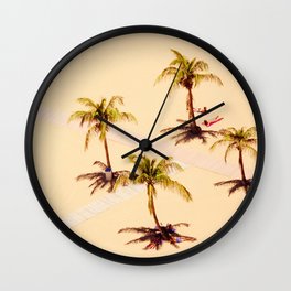 Aesthetic pale pink beach in Tenerife | Palm trees under the sun | Minimalist Travel Photography Wall Clock