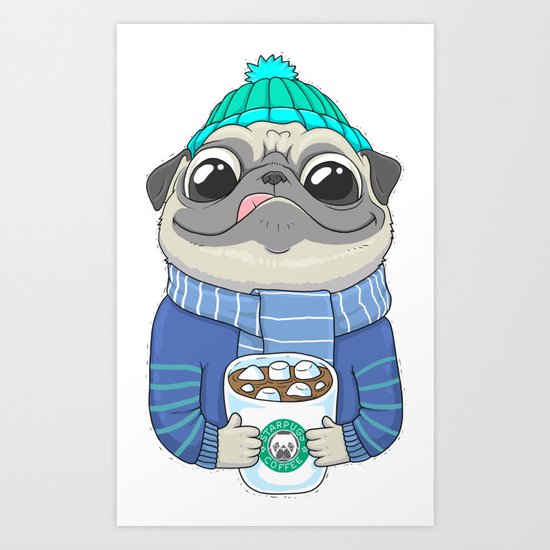 Pug with coffee Art Print
