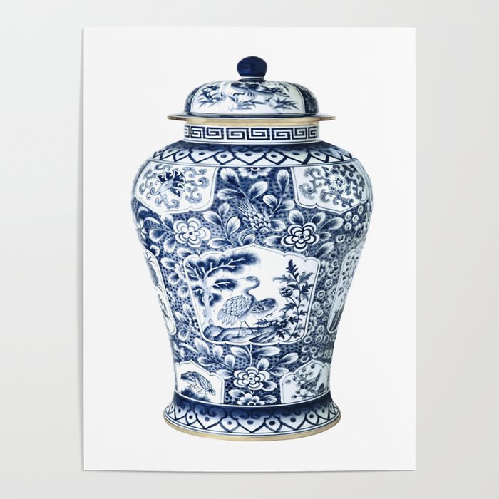 Blue White Chinoiserie Cranes Porcelain Ginger Jar Poster By Paper Words Society6