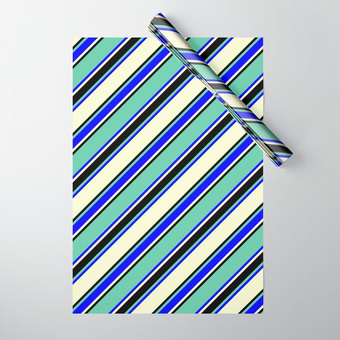 Aquamarine, Blue, Light Yellow & Black Colored Lined Pattern Wrapping Paper