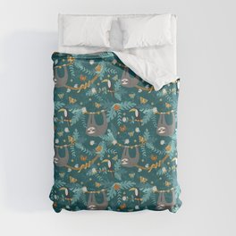 Sloth Hanging in a Teal Forest Duvet Cover