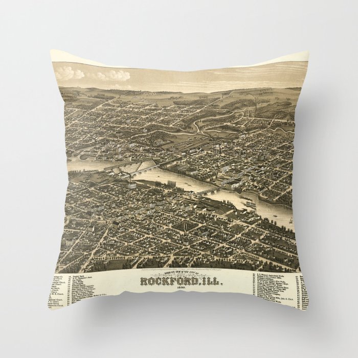 Bird's eye view of the city of Rockford, Illinois (1880) Throw Pillow