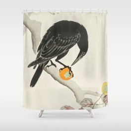 Crow eating persimmon Fruit - Vintage Japanese Woodblock Print Art Shower Curtain