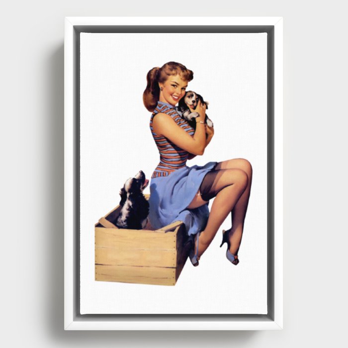 Brunette Pin Up Blue Skirt And Shoes Two Dogs Puppies Framed Canvas