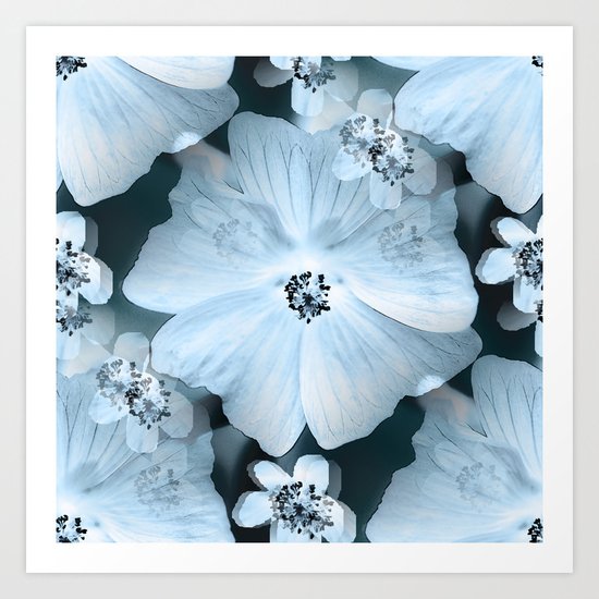 Flower-power - pastel blue flowers on a dark blue background Art Print
