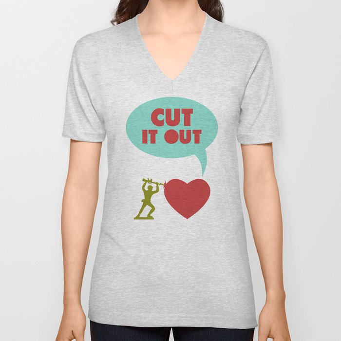 Cut it out - funny vector illustration with toy soldier, typography, and heart in green red and blue V Neck T Shirt