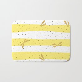 Gold Dragonfly Christmas seamless pattern and Gold Confetti on White and Yellow Stripes Background Bath Mat