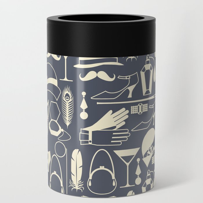 White Fashion 1920s Vintage Pattern on Dark Gray Can Cooler