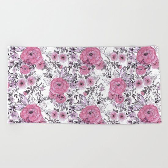 Watercolor roses with black and gray leaves . Beach Towel