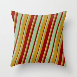 [ Thumbnail: Dark Goldenrod, Dark Red & Dark Sea Green Colored Lined/Striped Pattern Throw Pillow ]
