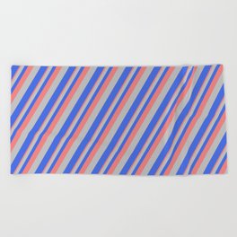 [ Thumbnail: Light Coral, Grey, and Royal Blue Colored Striped/Lined Pattern Beach Towel ]