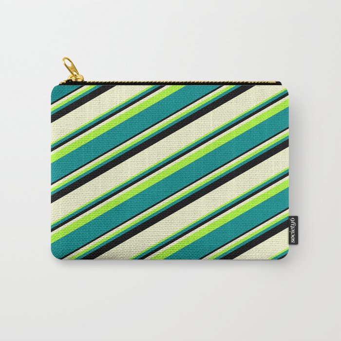 Light Green, Dark Cyan, Black & Light Yellow Colored Striped/Lined Pattern Carry-All Pouch
