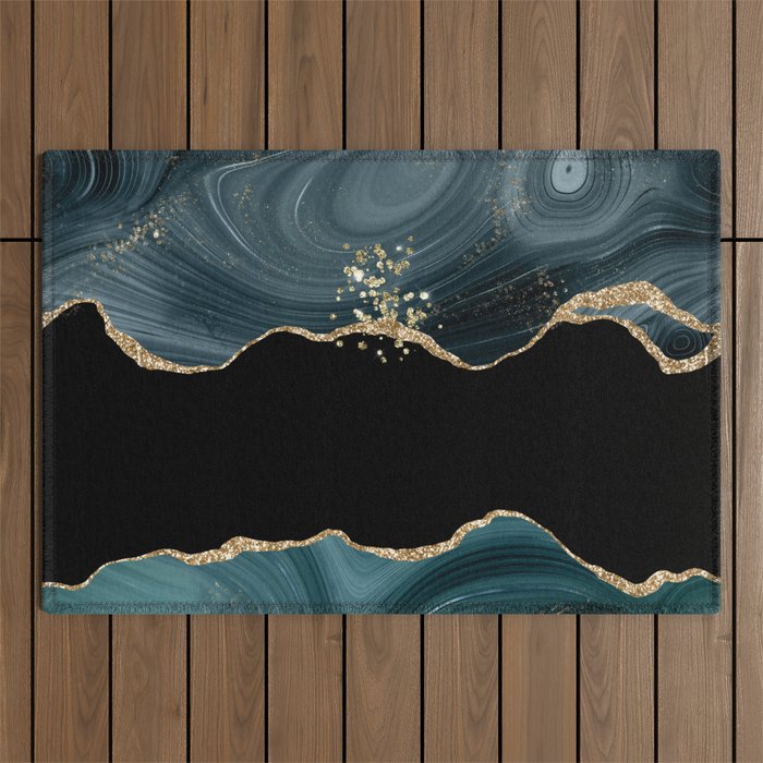 Teal & Gold Glitter Agate Texture 01 Outdoor Rug