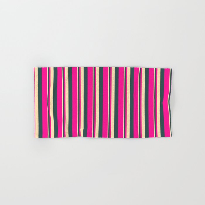 Beige, Dark Slate Gray, and Deep Pink Colored Stripes/Lines Pattern Hand & Bath Towel