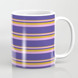 [ Thumbnail: Goldenrod, Plum, and Dark Slate Blue Colored Lines Pattern Coffee Mug ]