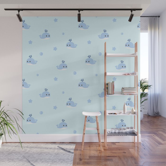 Cute Cartoon Blue Whale Pattern Wall Mural