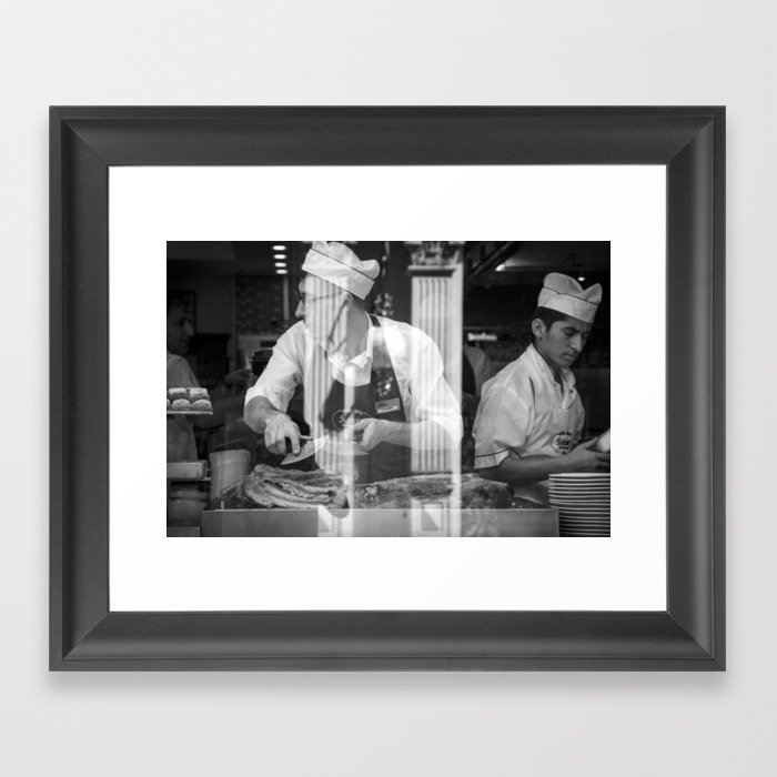 Confused in a kitchen - Black and white cafe restaurant street photography Framed Art Print