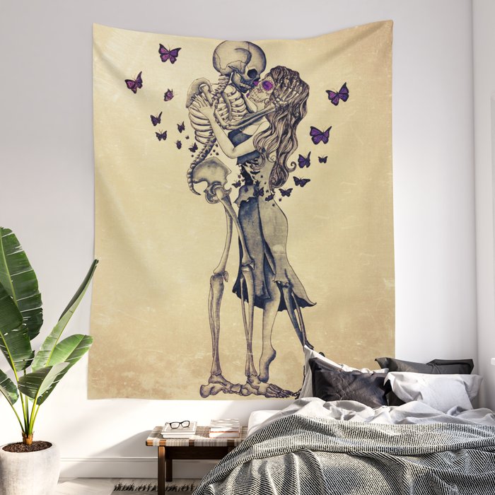 Two skeletons shop kissing tapestry
