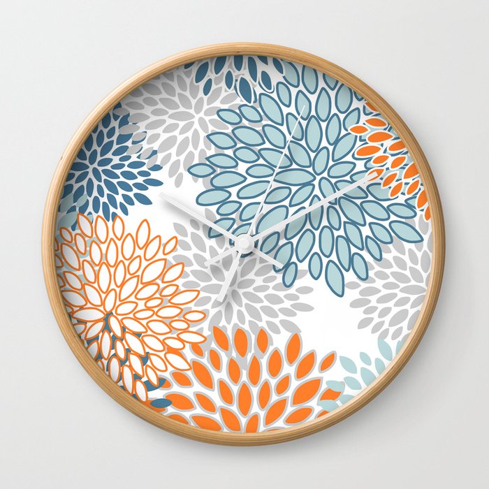 Orange Grey and Teal Blue Modern Floral Wall Clock