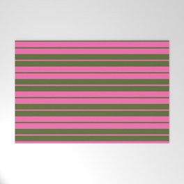 [ Thumbnail: Hot Pink and Dark Olive Green Colored Lined Pattern Welcome Mat ]