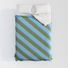 [ Thumbnail: Light Sky Blue, Blue & Green Colored Striped/Lined Pattern Duvet Cover ]