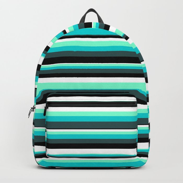 Eyecatching Aquamarine, Dark Turquoise, Dark Slate Gray, Black, and White Colored Stripes Pattern Backpack