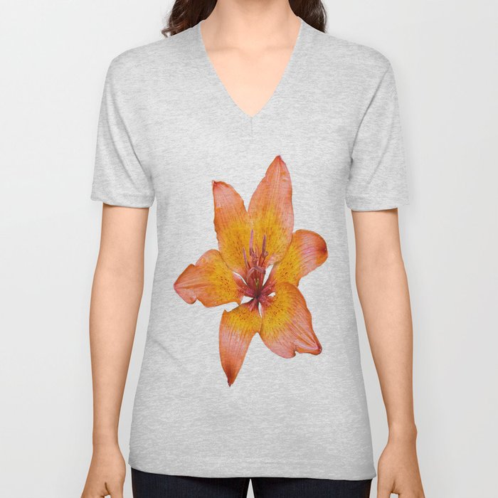 Coral Colored Lily Isolated on White V Neck T Shirt