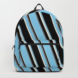 [ Thumbnail: Sky Blue, Beige, Black, and Grey Colored Stripes Pattern Backpack ]