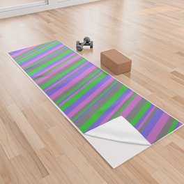 [ Thumbnail: Medium Slate Blue, Lime Green, Gray, and Orchid Colored Lined Pattern Yoga Towel ]